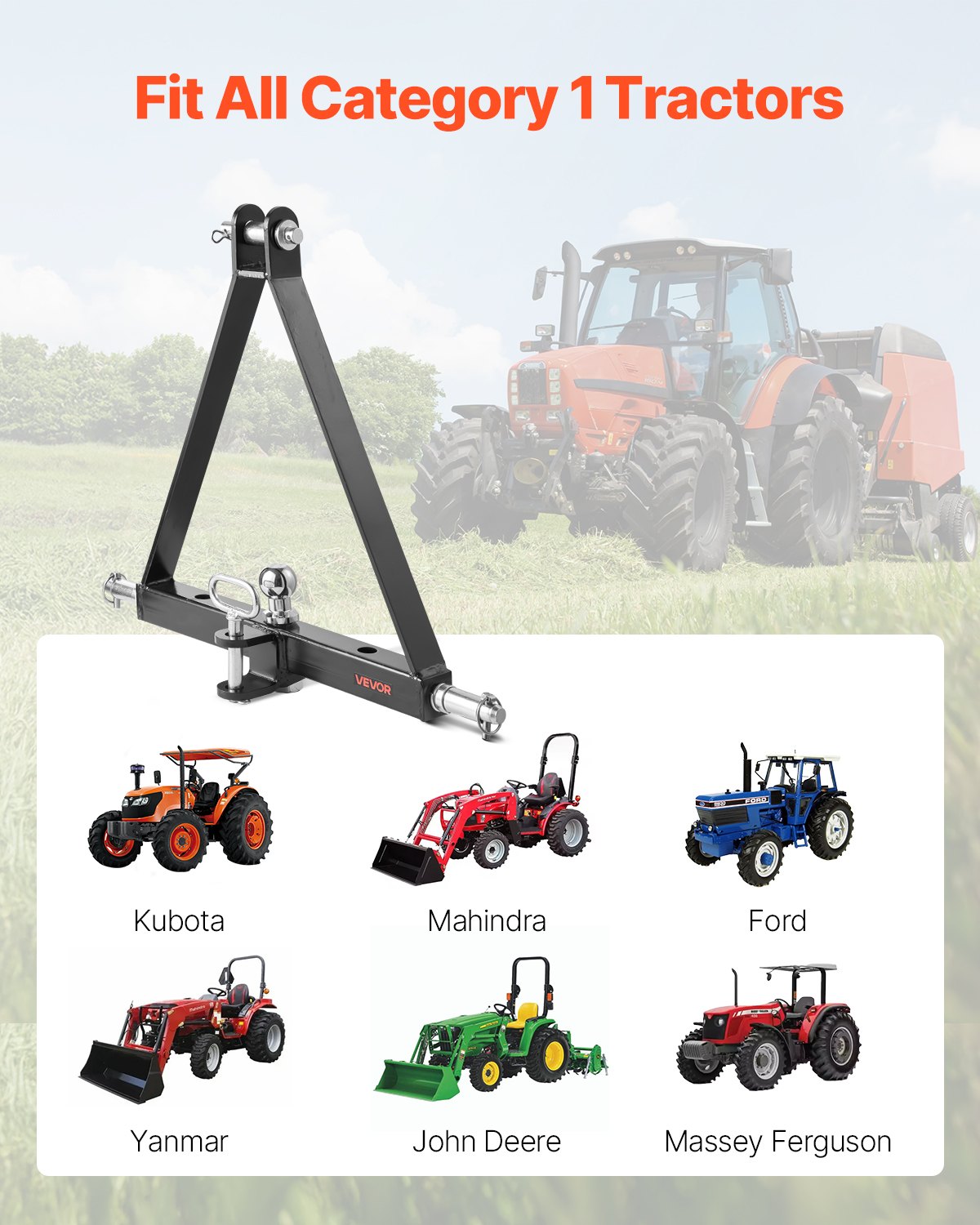 VEVOR 3-point hitch with 5.08 cm receiver, 3-point linkage, 2721 kg, tractor hitch adapter, compatible with Kubota, Mahindra, John Deere, Massey Ferguson, 505x575x130mm