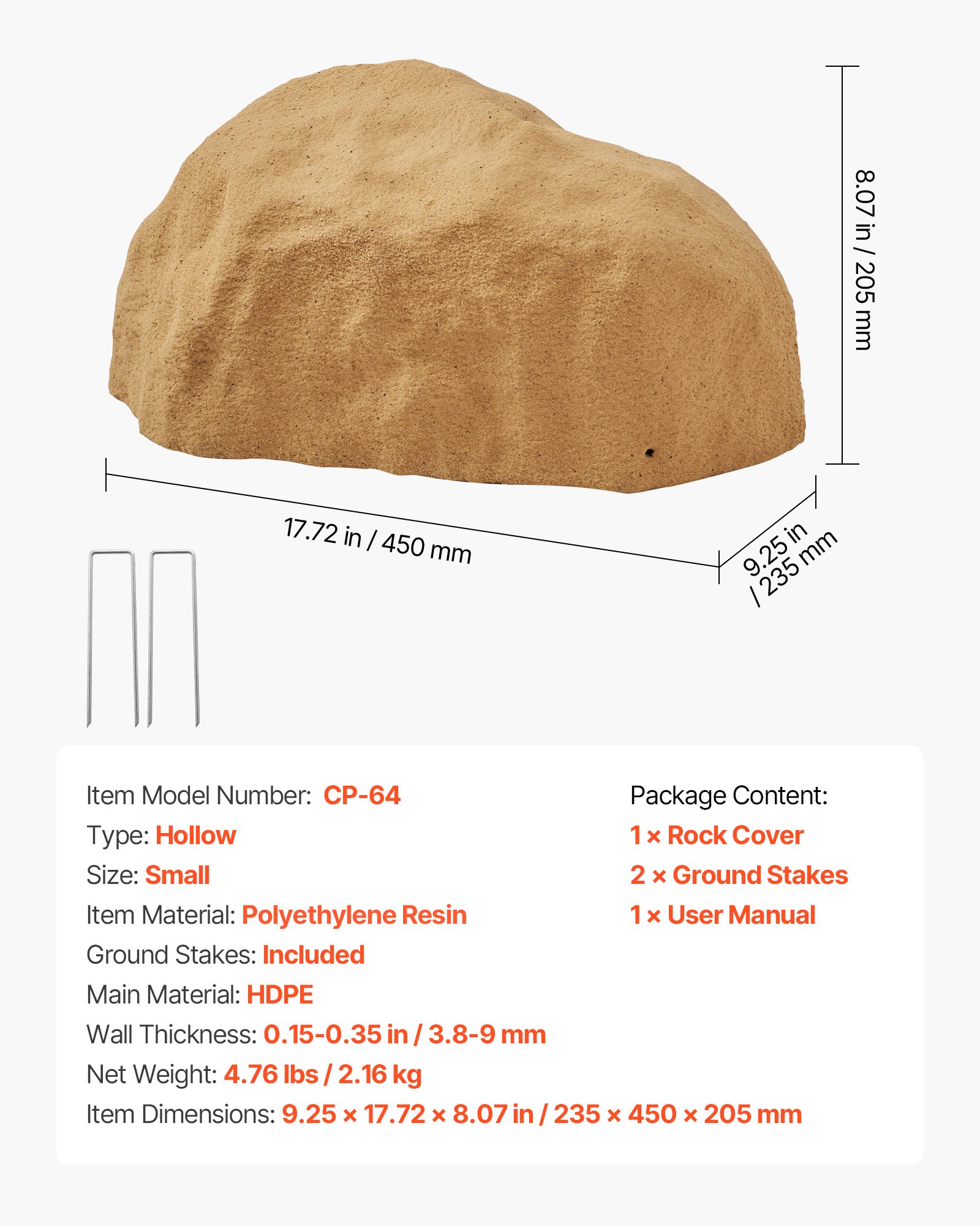 VEVOR Piedra Artificial para Exteriores, Aspecto Realista, Roca Artificial para Paisajismo, Decoración de Jardín, Caseta Transformable, Color Amarillo Arena, 235 x 450 x 205 mm, Tamaño Pequeño