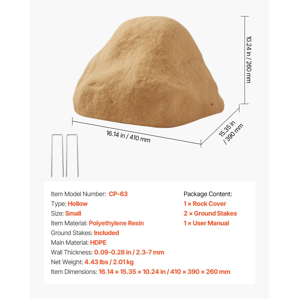 VEVOR Cobertor Artificial para Exteriores, Aspecto de Piedra Realista, Rocas Artificiales de Poliresina para Paisajismo, Decoración para Jardín, Color Arena, 410 x 390 x 260 mm, Tipo de Hueco