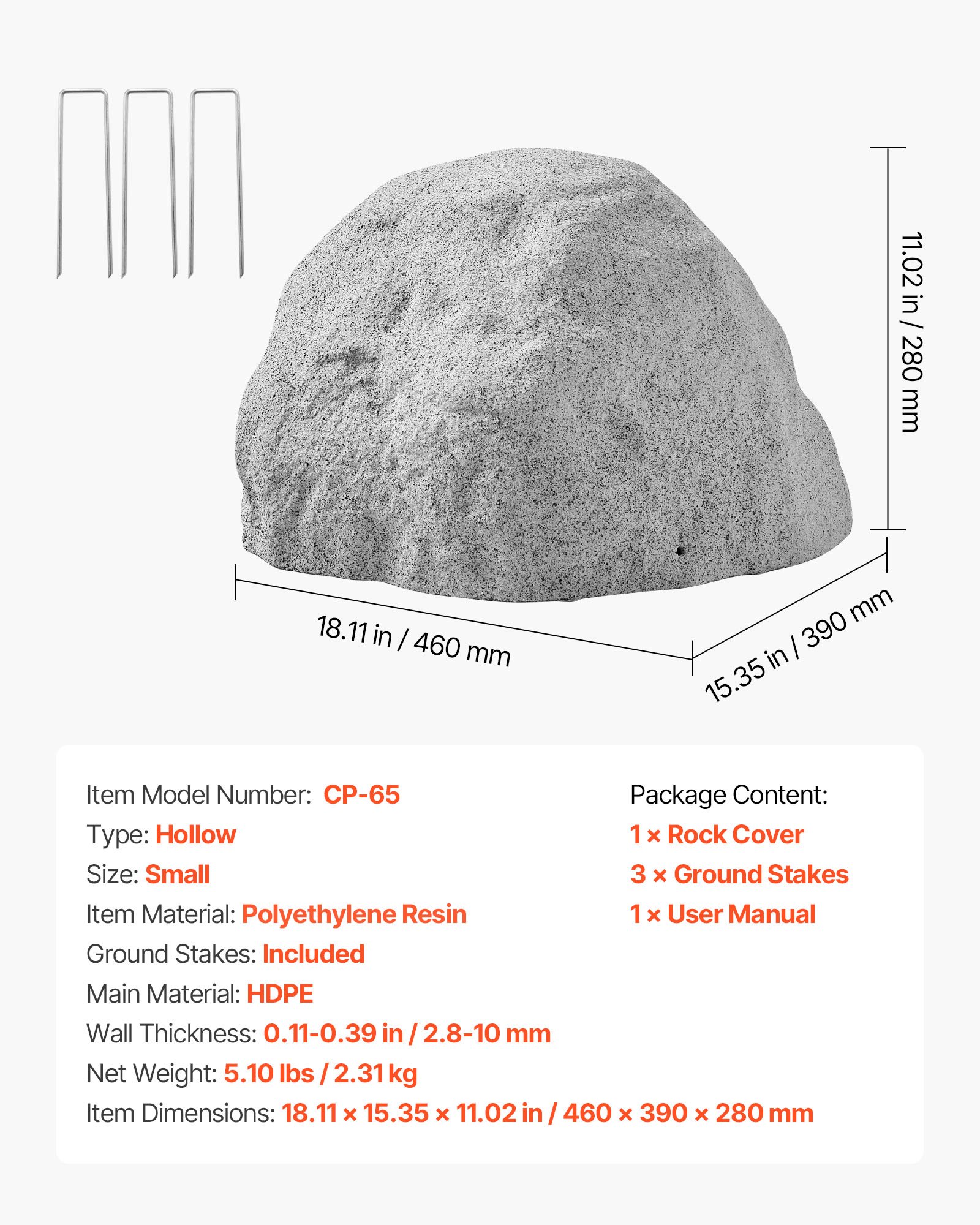 VEVOR Cubierta de Roca Artificial para Jardín, Aspecto Realista, Piedra Hueca Falsa para Ocultar Bomba de Pozo, para Césped, Piscinas, Paisajismo Exterior, Gris, Tamaño Pequeño, 460 x 390 x 280 mm