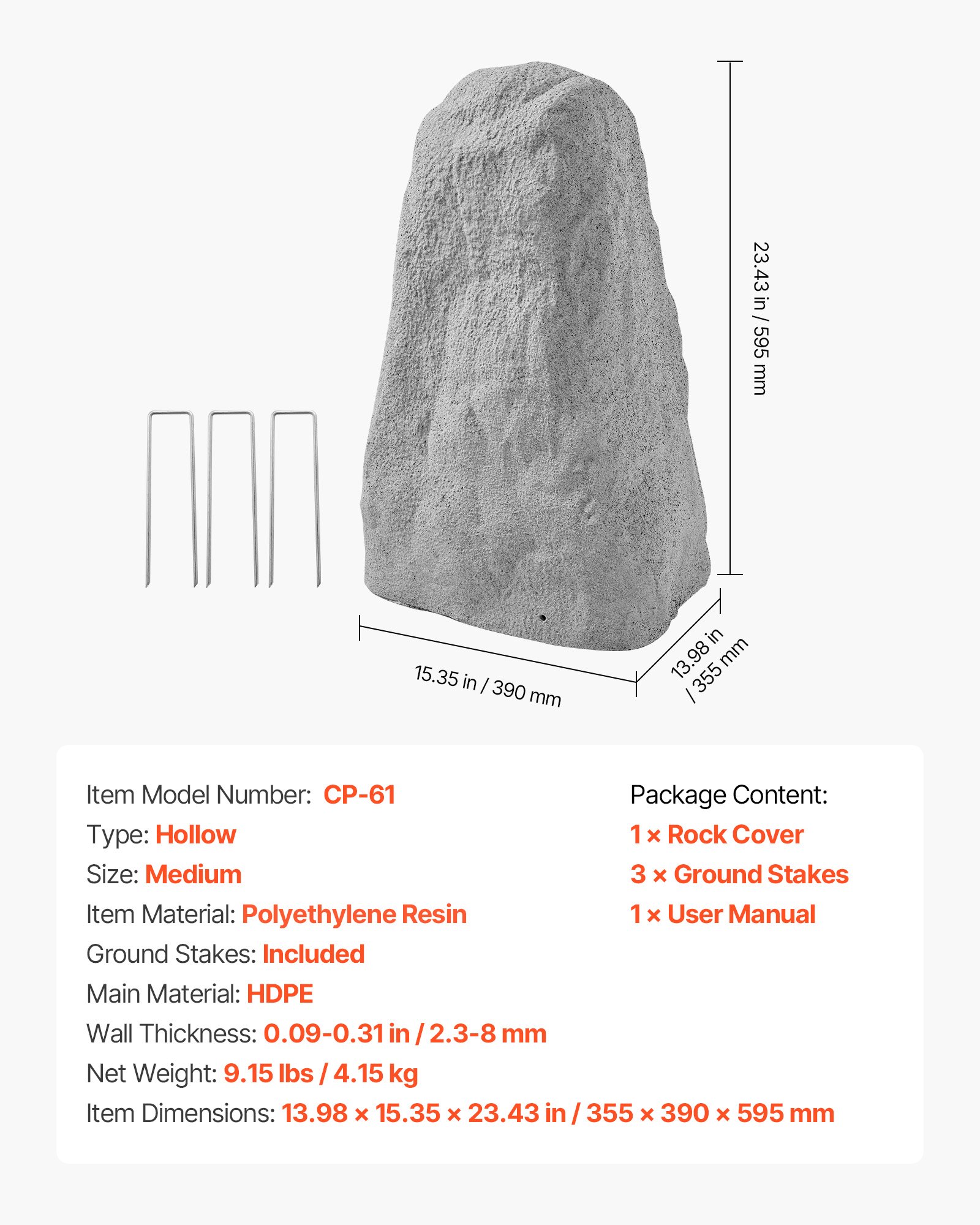 VEVOR Roca de Cubierta Artificial para Exteriores, Aspecto de Piedra Realista, de Polietileno, para Paisajismo, Decoración de Jardín, Casa Transformadora Gris, 355 x 390 x 595 mm, Tamaño Mediano
