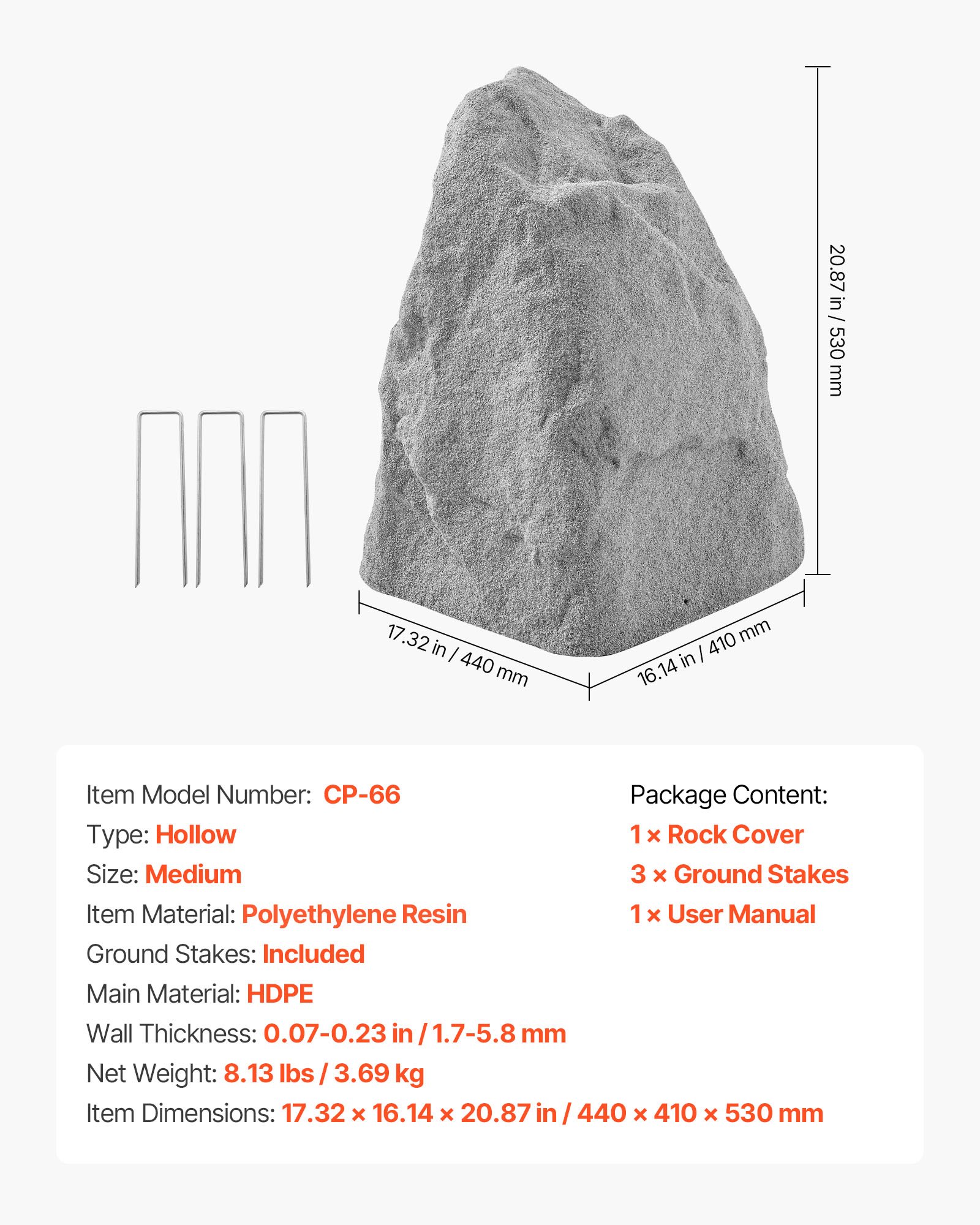 VEVOR Roca Artificial para Jardín, de Aspecto Realista, Piedra Hueca Falsa para Ocultar Bomba de Pozo, Decoración de Jardín, Paisajismo Exterior, HDPE, Gris, Tamaño Mediano, 440 x 410 x 530 mm