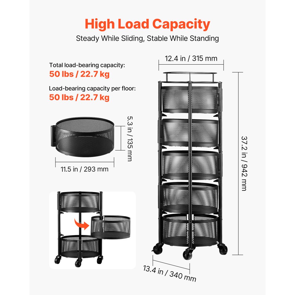 VEVOR Carro de Cocina de 5 Niveles, Carrito Auxiliar con Cestas de Alambre Giratorias para Frutas y Verduras, Carrito con Ruedas con Tapa Metálica, para Cocina, Baño, 340 x 315 x 942 mm, Negro