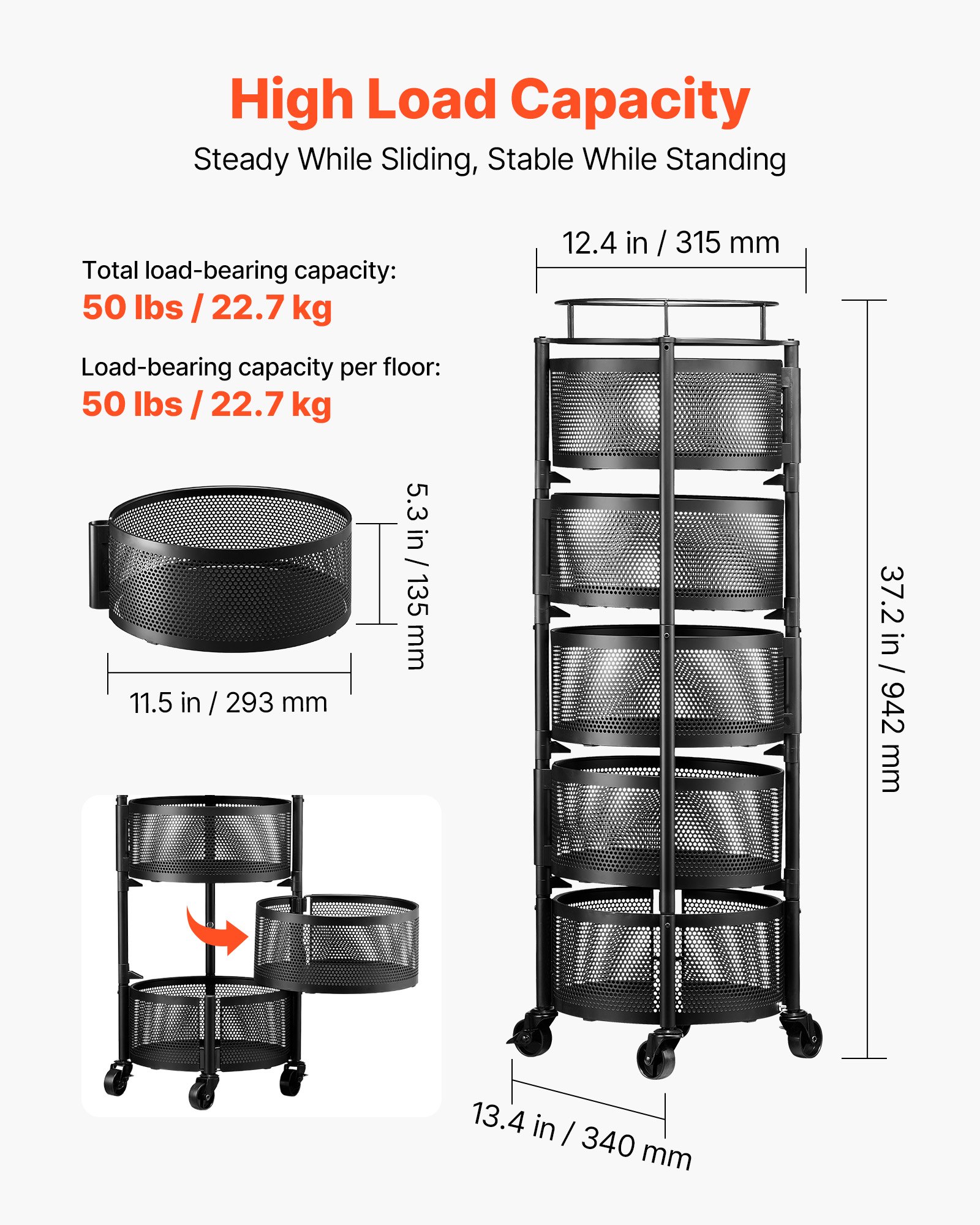 VEVOR Carro de Cocina de 5 Niveles, Carrito Auxiliar con Cestas de Alambre Giratorias para Frutas y Verduras, Carrito con Ruedas con Tapa Metálica, para Cocina, Baño, 340 x 315 x 942 mm, Negro