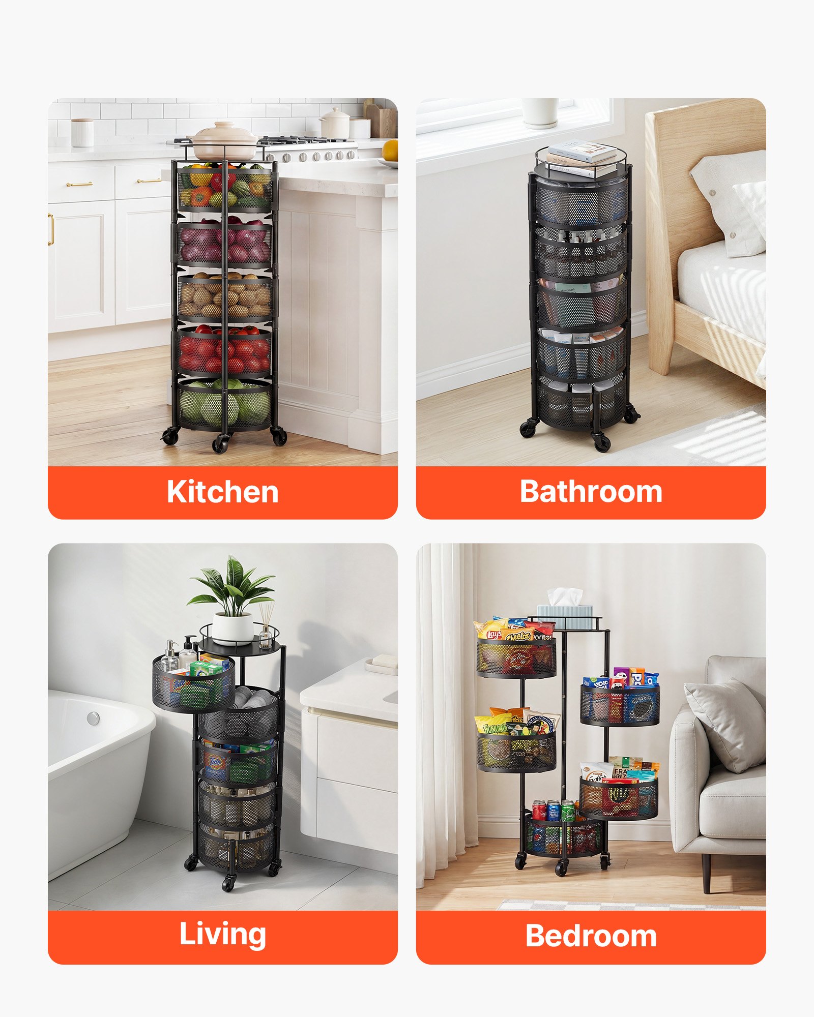 VEVOR Carro de Cocina de 5 Niveles, Carrito Auxiliar con Cestas de Alambre Giratorias para Frutas y Verduras, Carrito con Ruedas con Tapa Metálica, para Cocina, Baño, 340 x 315 x 942 mm, Negro