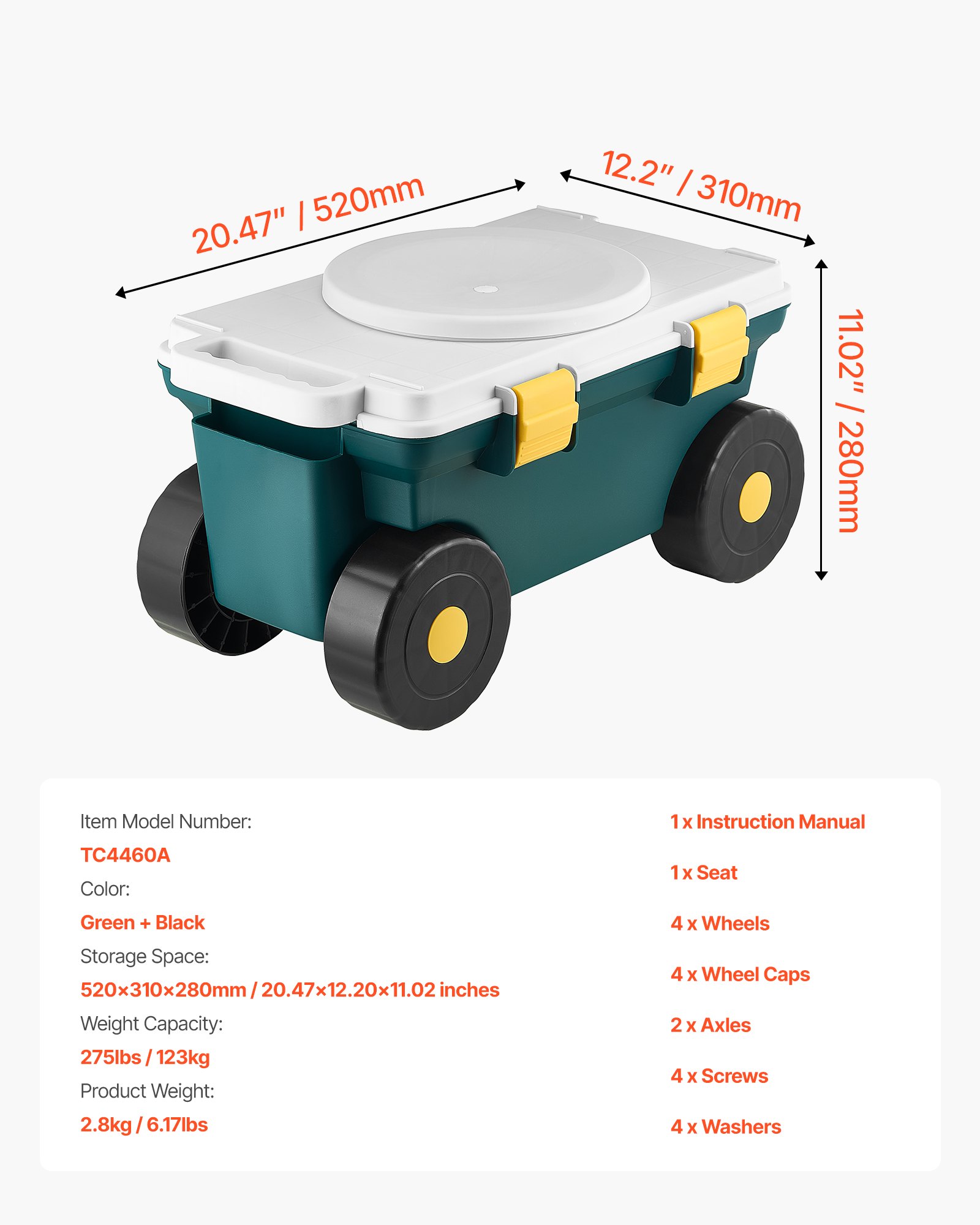 VEVOR Garden Scooter with Seat, 2 in 1 Rolling Garden Cart with Storage Bin, Supports up to 123kg, Outdoor Wagon with Handle, Lightweight Storage Gardening Stool for Yard Weeding Planting