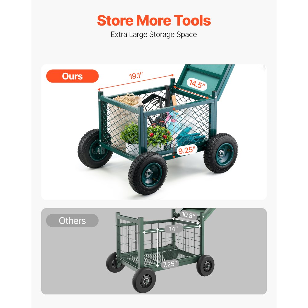 VEVOR Carrito Asiento de Jardín con Ruedas de Caucho y Contenedor de Almacenamiento Estructura Metálica Soporta hasta 181 kg Asiento Móvil para Trabajar para Jardinería, Deshierbe, Plantación
