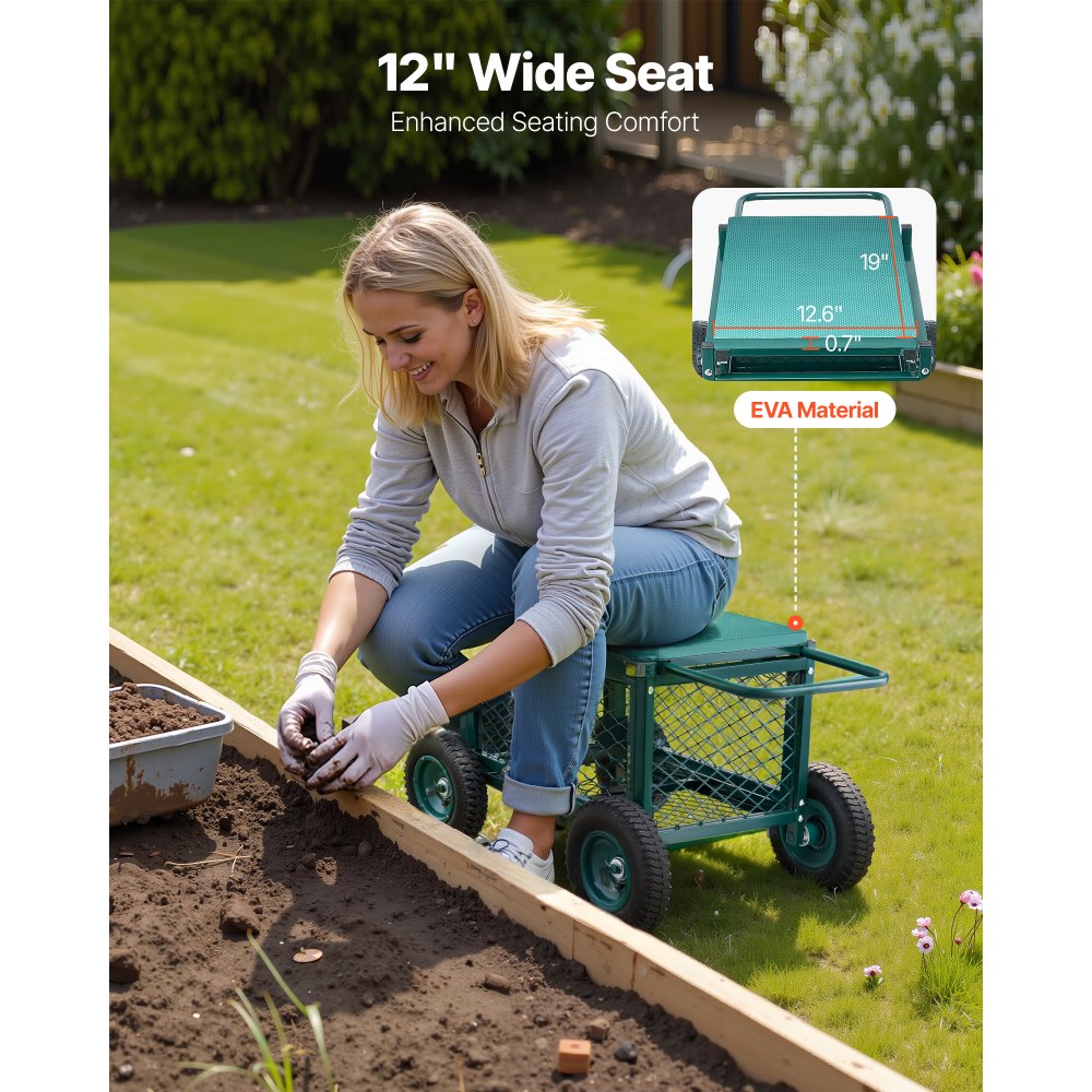 VEVOR Carrito Asiento de Jardín con Ruedas de Caucho y Contenedor de Almacenamiento Estructura Metálica Soporta hasta 181 kg Asiento Móvil para Trabajar para Jardinería, Deshierbe, Plantación