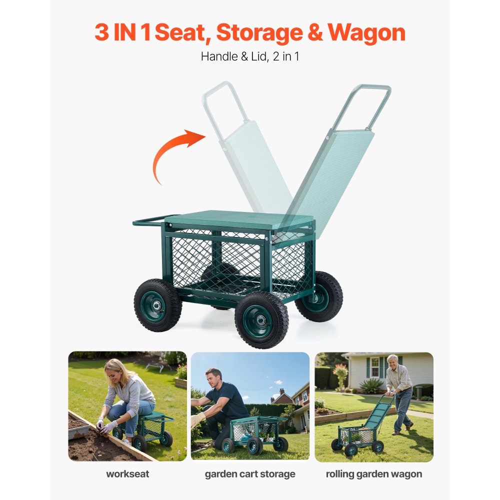 VEVOR Carrito Asiento de Jardín con Ruedas de Caucho y Contenedor de Almacenamiento Estructura Metálica Soporta hasta 181 kg Asiento Móvil para Trabajar para Jardinería, Deshierbe, Plantación