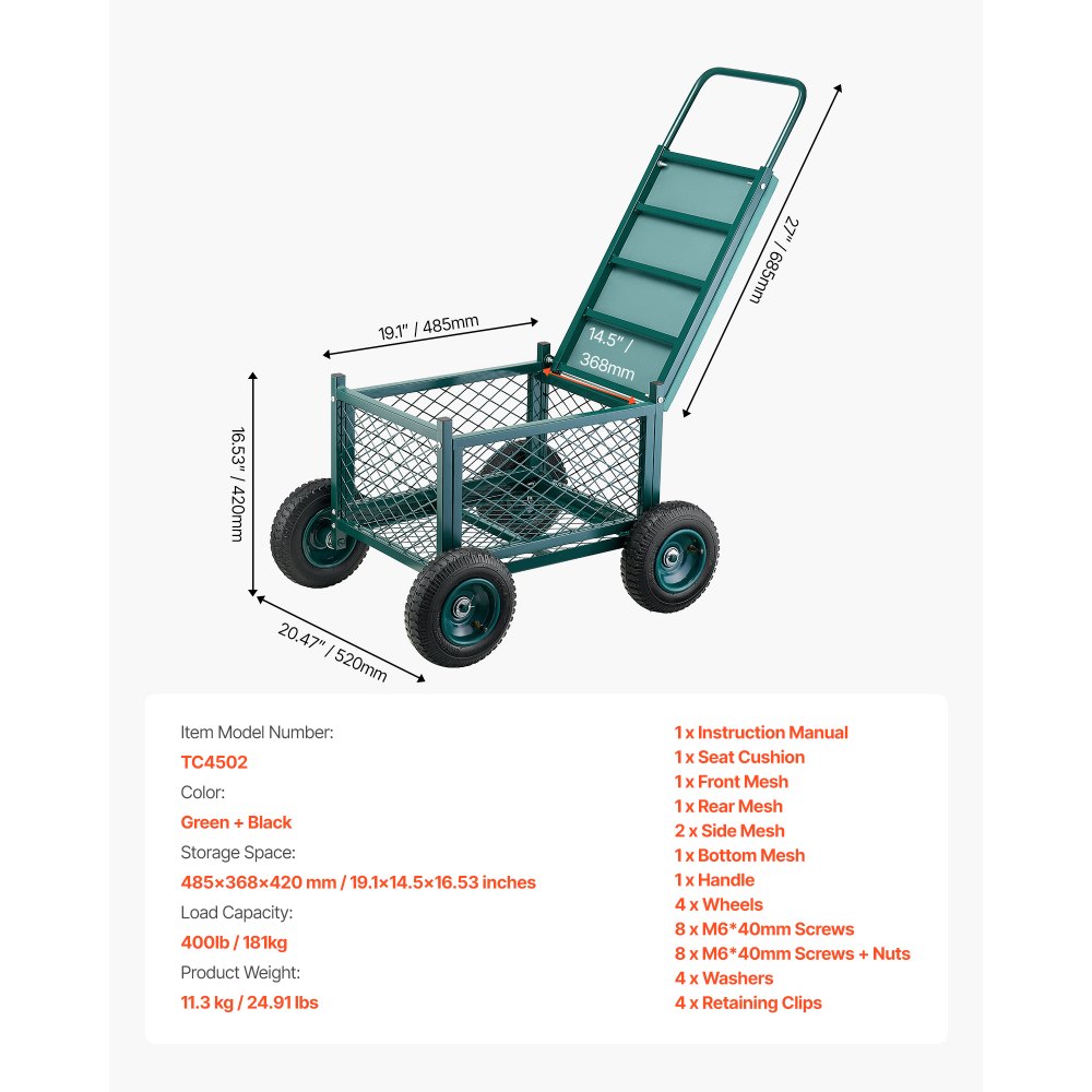 VEVOR Carrito Asiento de Jardín con Ruedas de Caucho y Contenedor de Almacenamiento Estructura Metálica Soporta hasta 181 kg Asiento Móvil para Trabajar para Jardinería, Deshierbe, Plantación