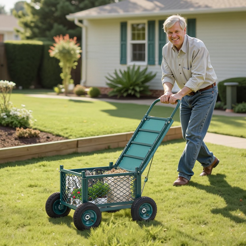 VEVOR Carrito Asiento de Jardín con Ruedas de Caucho y Contenedor de Almacenamiento Estructura Metálica Soporta hasta 181 kg Asiento Móvil para Trabajar para Jardinería, Deshierbe, Plantación