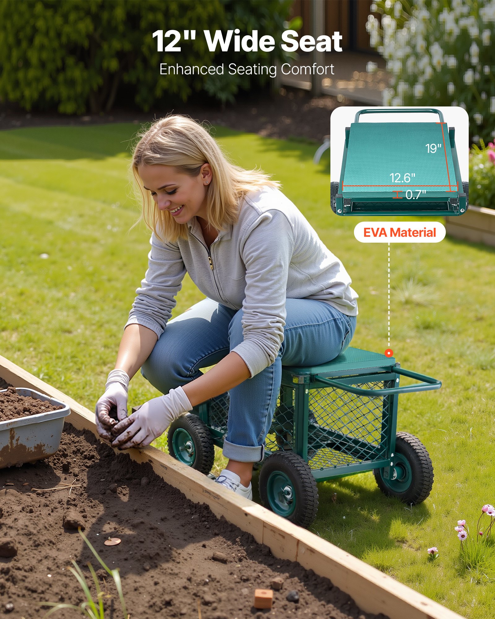 VEVOR Carrito Asiento de Jardín con Ruedas de Caucho y Contenedor de Almacenamiento Estructura Metálica Soporta hasta 181 kg Asiento Móvil para Trabajar para Jardinería, Deshierbe, Plantación