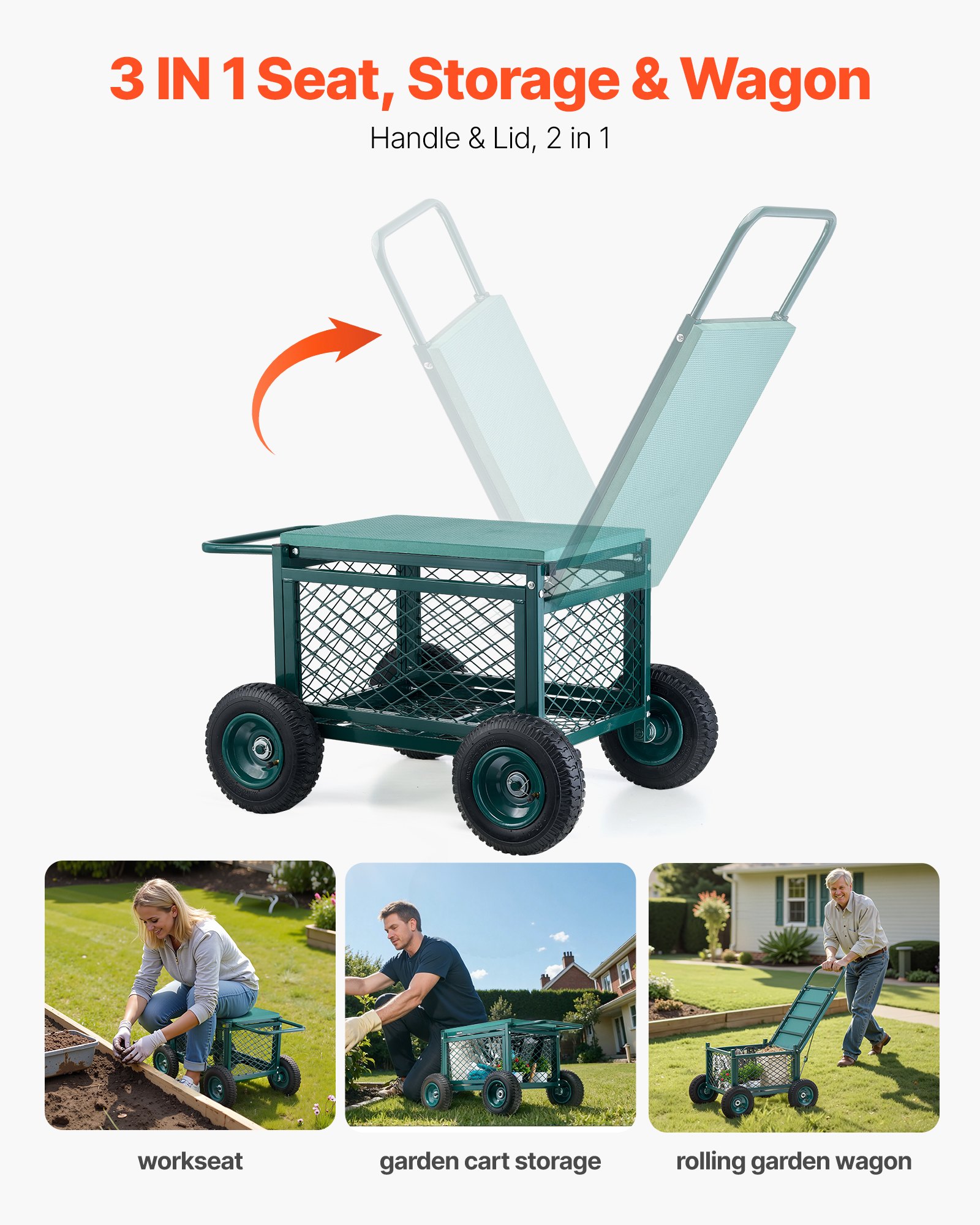 VEVOR Carrito Asiento de Jardín con Ruedas de Caucho y Contenedor de Almacenamiento Estructura Metálica Soporta hasta 181 kg Asiento Móvil para Trabajar para Jardinería, Deshierbe, Plantación