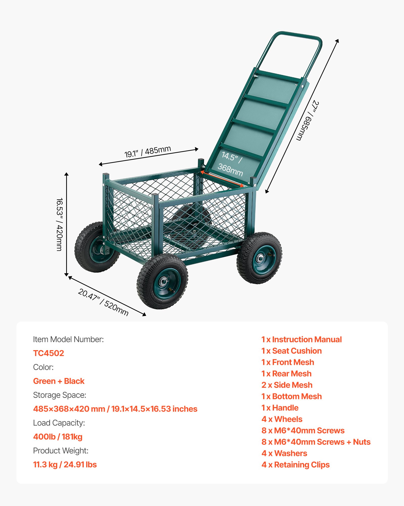 VEVOR Carrito Asiento de Jardín con Ruedas de Caucho y Contenedor de Almacenamiento Estructura Metálica Soporta hasta 181 kg Asiento Móvil para Trabajar para Jardinería, Deshierbe, Plantación
