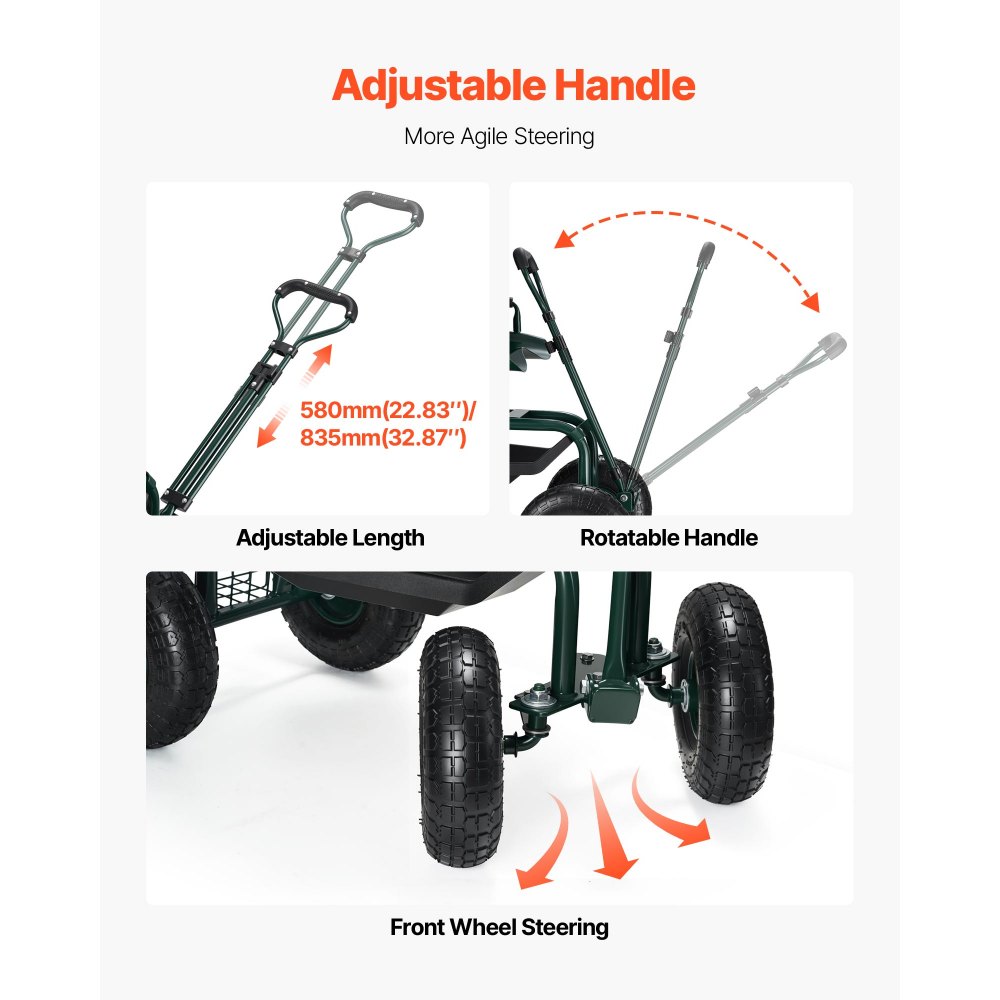 VEVOR Carrito Asiento Giratorio de 360° de Jardín con Ruedas Altura Ajustable Asa Extensible Soporta hasta 181 kg con Respaldo Ergonómico Espacio para Guardar Herramientas para Trabajo de Jardinería