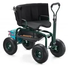 VEVOR Carrito Asiento Giratorio de 360° de Jardín con Ruedas Altura Ajustable Asa Extensible Soporta hasta 181 kg con Respaldo Ergonómico Espacio para Guardar Herramientas para Trabajo de Jardinería