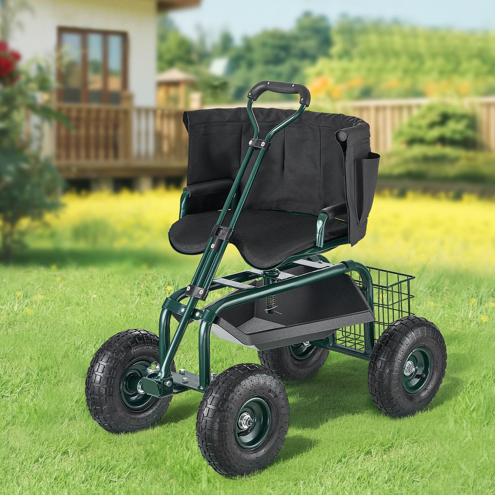 VEVOR Carrito Asiento Giratorio de 360° de Jardín con Ruedas Altura Ajustable Asa Extensible Soporta hasta 181 kg con Respaldo Ergonómico Espacio para Guardar Herramientas para Trabajo de Jardinería