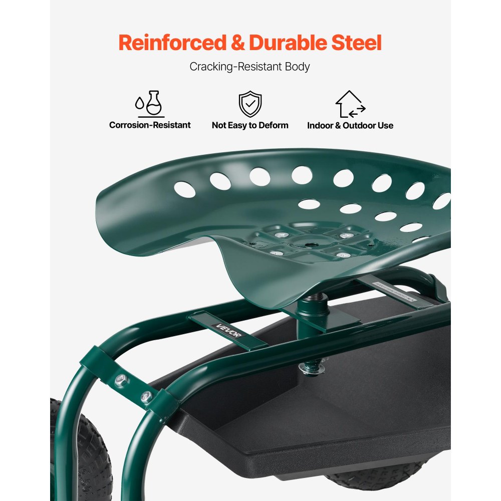 VEVOR Carrito Asiento Giratorio de Jardín con Ruedas Altura Ajustable con Bandeja para Herramientas Soporta hasta 136 kg Asiento Móvil para Jardinería, Deshierbe, Plantación, 800 x 487 x 460/540 mm