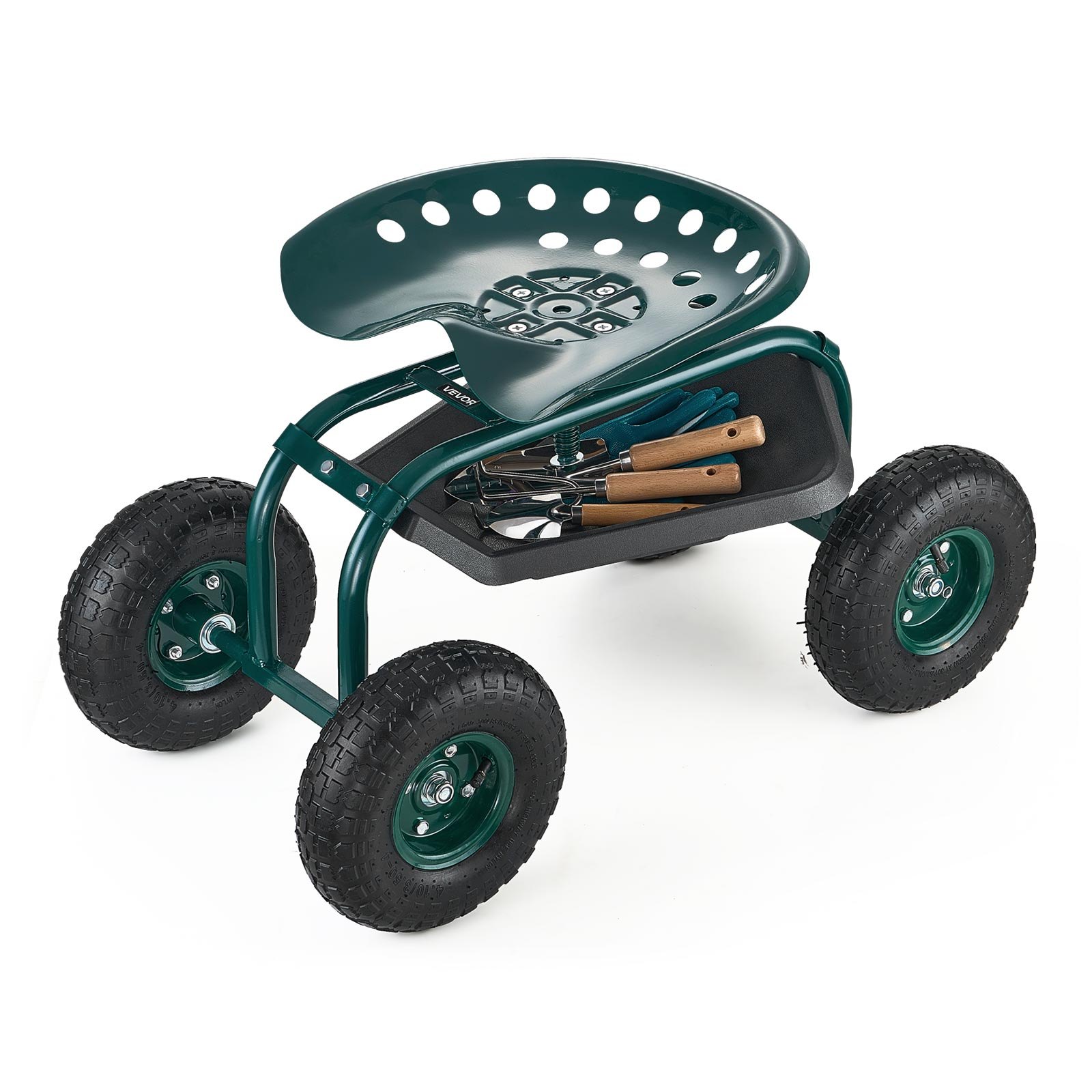 VEVOR Carrito Asiento Giratorio de Jardín con Ruedas Altura Ajustable con Bandeja para Herramientas Soporta hasta 136 kg Asiento Móvil para Jardinería, Deshierbe, Plantación, 800 x 487 x 460/540 mm