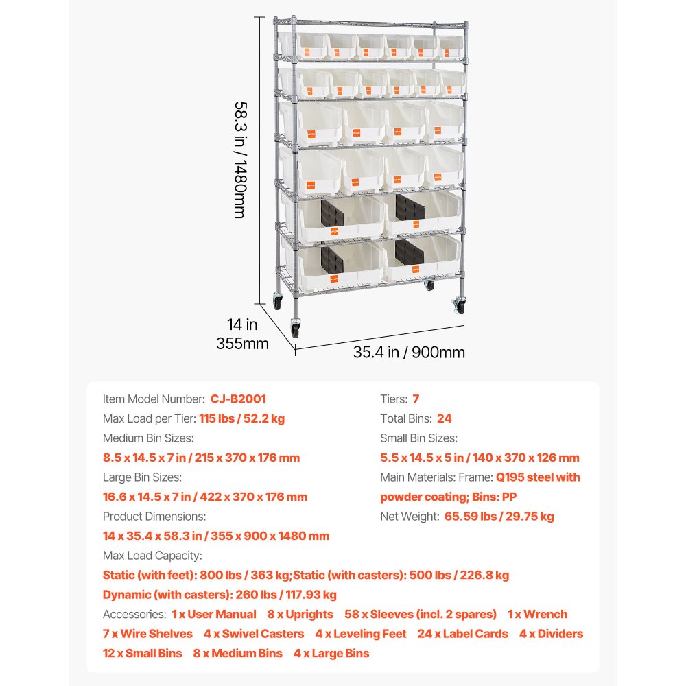 VEVOR Estantería de Almacenamiento de Alambre de Acero, con Ruedas, 7 Niveles, 24 Compartimentos Organizadores, para Garaje, Almacén, Oficina, Restaurante, Aula y Cocina, 355 x 900 x 1490 mm