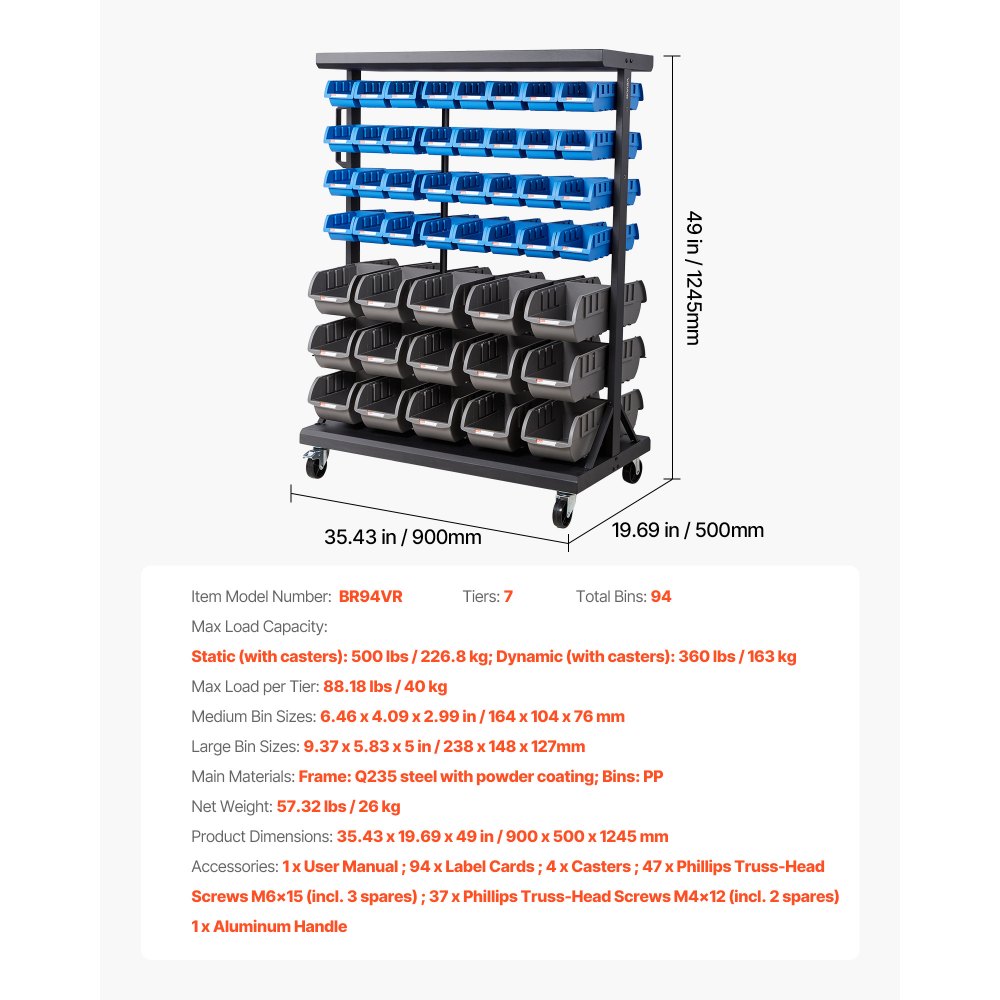 VEVOR Estantería Móvil de Plástico con Ruedas, 7 Niveles y Doble Cara, para 94 Contenedores, Carga Máxima por Nivel 40 kg, para Garaje, Almacén, Oficina, Restaurante y Aula, 900 x 500 x 1245 mm