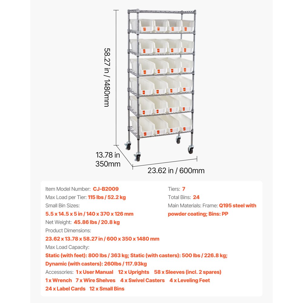 VEVOR Estantería de Almacenamiento con Ruedas de 7 Niveles, para 24 Contenedores Pequeños de Polipropileno, para Garaje, Almacén, Oficina, Restaurante, Aula y Cocina, 610 x 355 x 1490 mm, Plata