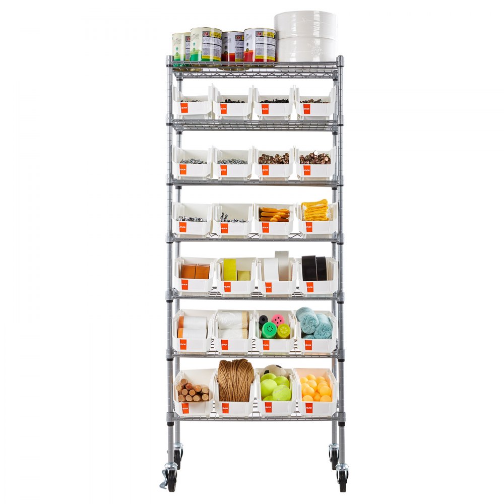 VEVOR Estantería de Almacenamiento con Ruedas de 7 Niveles, para 24 Contenedores Pequeños de Polipropileno, para Garaje, Almacén, Oficina, Restaurante, Aula y Cocina, 610 x 355 x 1490 mm, Plata