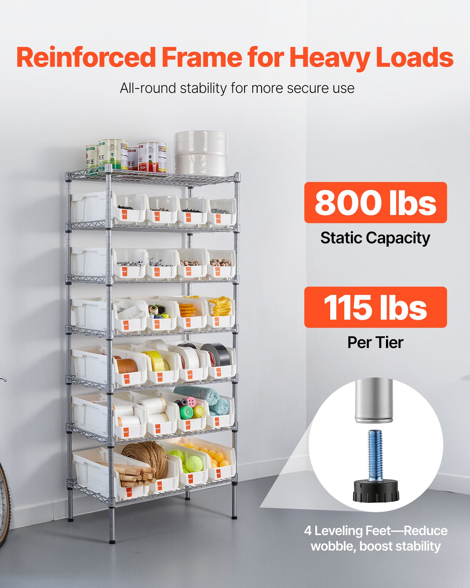 VEVOR Estantería de Almacenamiento con Ruedas de 7 Niveles, para 24 Contenedores Pequeños de Polipropileno, para Garaje, Almacén, Oficina, Restaurante, Aula y Cocina, 610 x 355 x 1490 mm, Plata