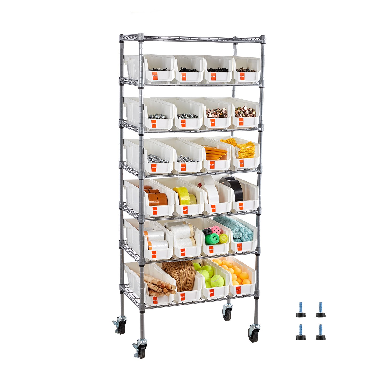VEVOR Estantería de Almacenamiento con Ruedas de 7 Niveles, para 24 Contenedores Pequeños de Polipropileno, para Garaje, Almacén, Oficina, Restaurante, Aula y Cocina, 610 x 355 x 1490 mm, Plata