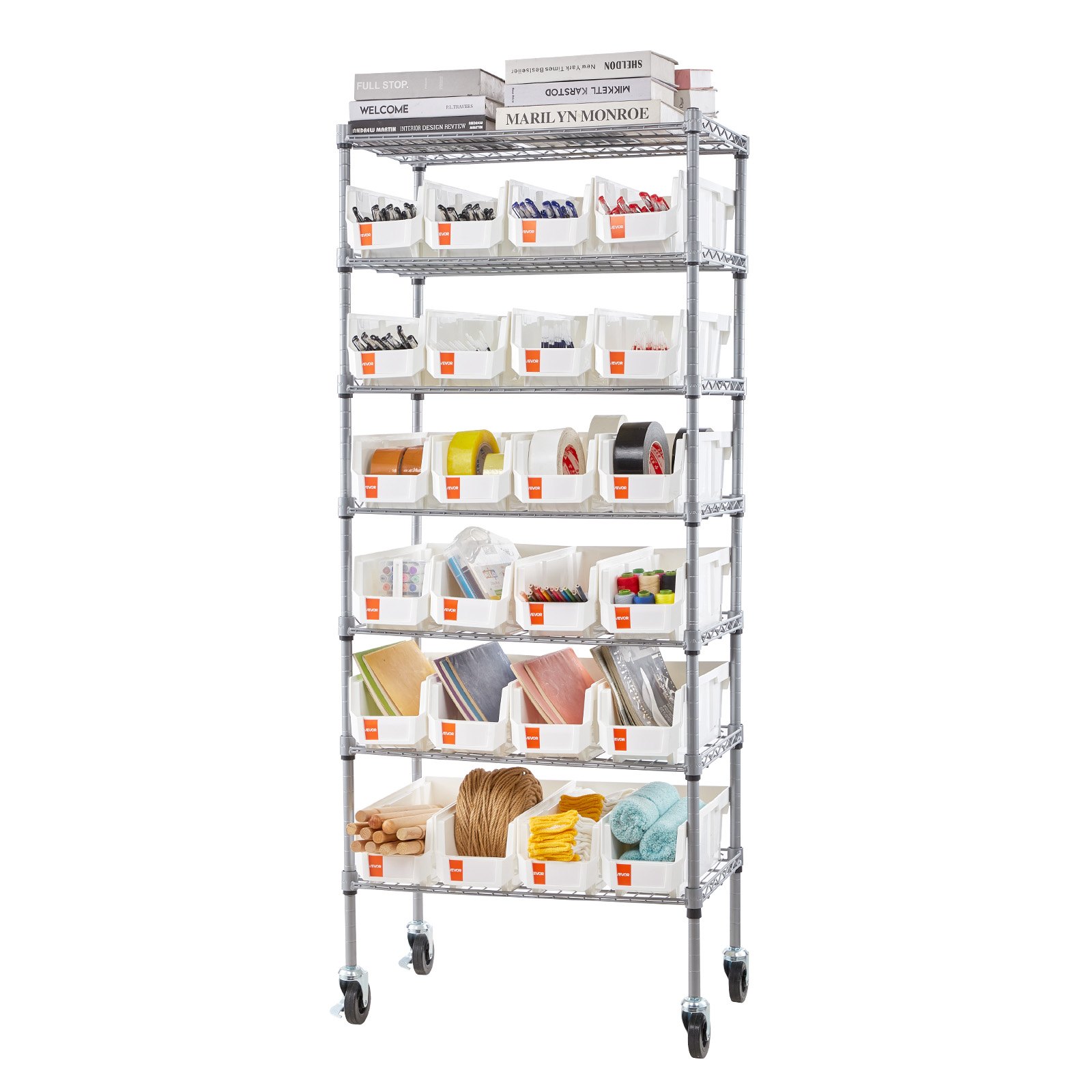 VEVOR Estantería de Almacenamiento con Ruedas de 7 Niveles, para 24 Contenedores Pequeños de Polipropileno, para Garaje, Almacén, Oficina, Restaurante, Aula y Cocina, 610 x 355 x 1490 mm, Plata