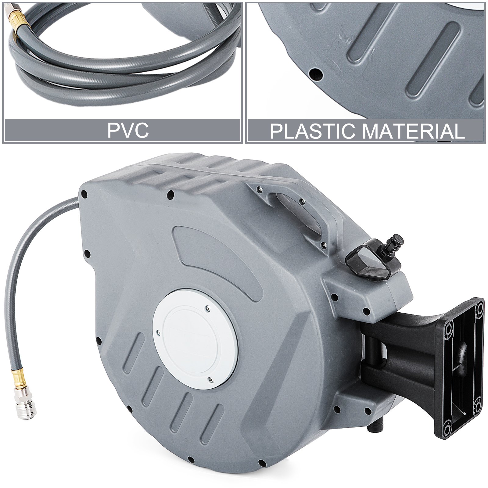 VEVOR Carrete de Manguera de Aire, 20 m + 2 m de Manguera de PVC 9,5 mm de Diámetro para Carrete Retráctil de Manguera de Aire, Montado en Pared 180° para Enrollador de Manguera de Aire comprimido