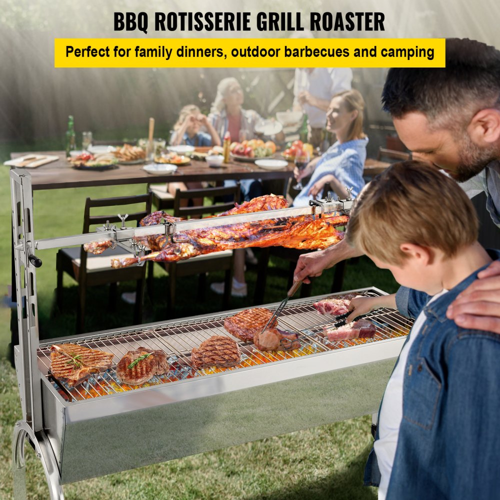 VEVOR Parilla de Barbacoa Exterior 132 lbs 147x45x106 cm Acero Inoxidable Barbacoa Asador 40 W, Altura Ajustable de 7,5"-16,9" Asador Giratorio Eléctrico con 4 Agujas y Ruedas Bloqueables para Camping