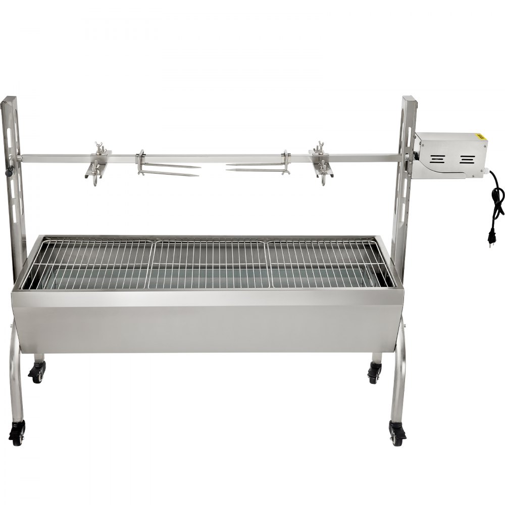 VEVOR Parilla de Barbacoa Exterior 132 lbs 147x45x106 cm Acero Inoxidable Barbacoa Asador 40 W, Altura Ajustable de 7,5"-16,9" Asador Giratorio Eléctrico con 4 Agujas y Ruedas Bloqueables para Camping