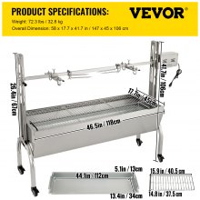 VEVOR Parilla de Barbacoa Exterior 132 lbs 147x45x106cm Barbacoa Asador Inoxidable Acero Inoxidable 40W Altura Ajustable de 7,5"-16,9" Asador Giratorio