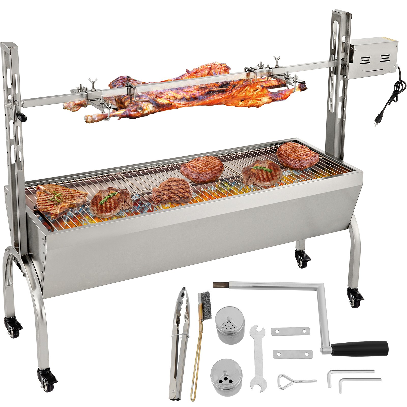 VEVOR Parilla de Barbacoa Exterior 132 lbs 147x45x106 cm Acero Inoxidable Barbacoa Asador 40 W, Altura Ajustable de 7,5"-16,9" Asador Giratorio Eléctrico con 4 Agujas y Ruedas Bloqueables para Camping