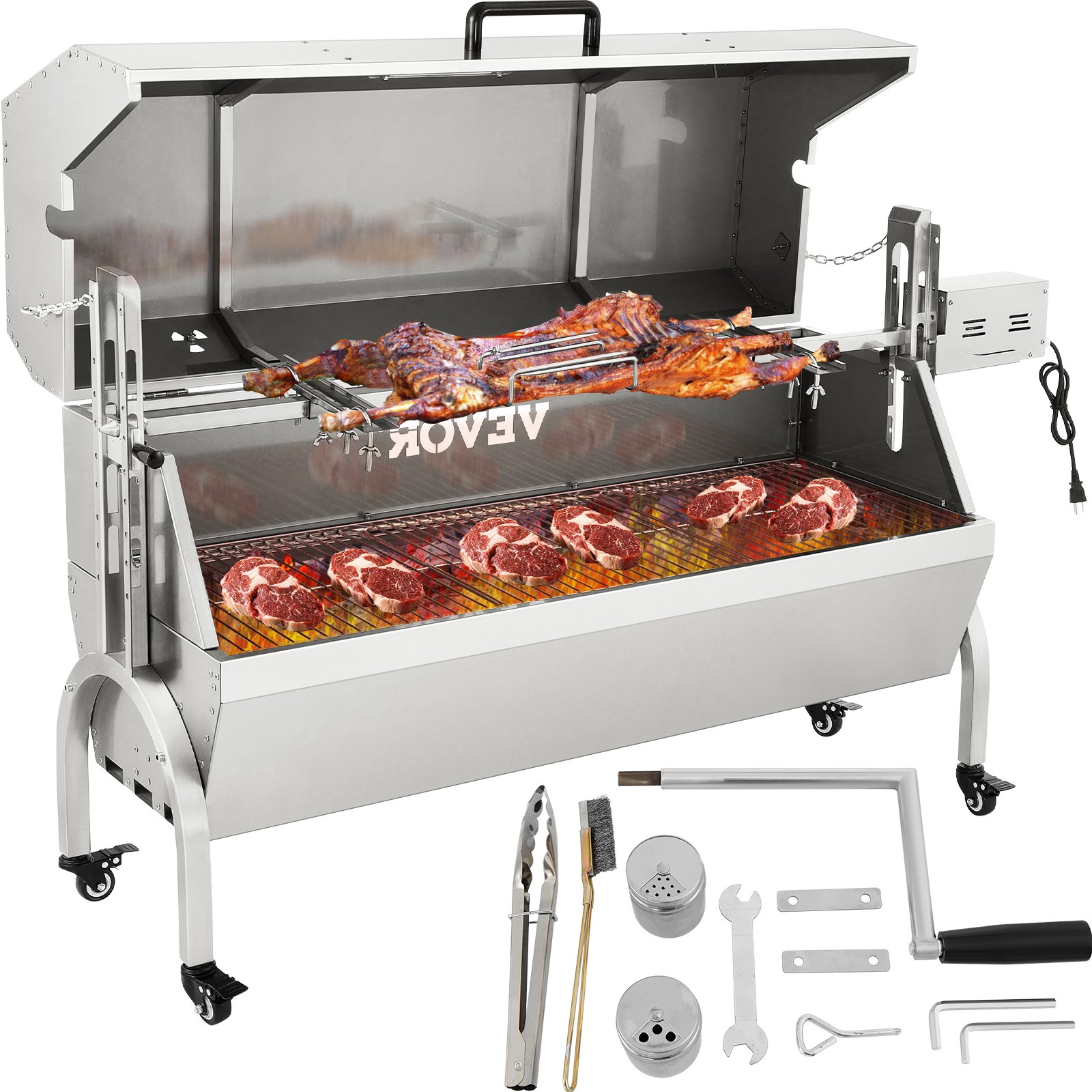 VEVOR Parilla de Barbacoa Exterior 40 W Acero Inoxidable Barbacoa Asador 60 kg, 147x45x87 cm Altura Ajustable 4,3"-12,2" Kit de Asador Universal Parrilla con Cubierta y Ruedas Bloqueables para Camping