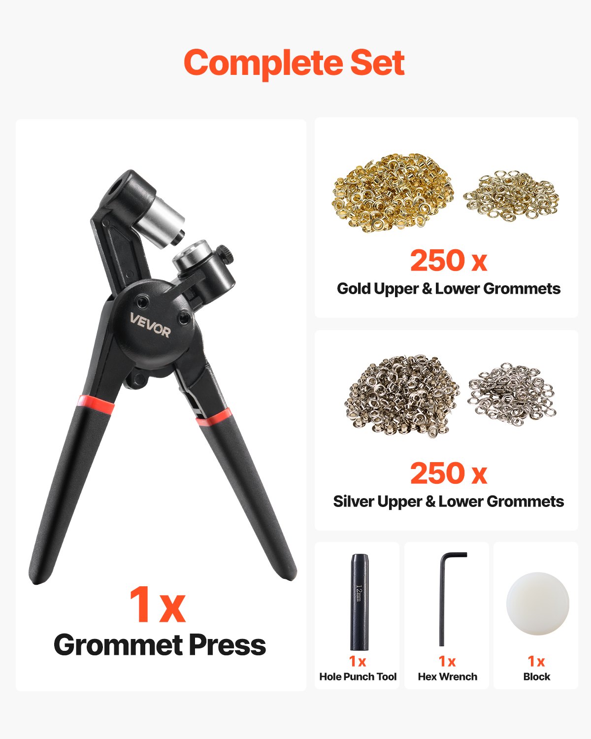 VEVOR Kit de Herramientas para Ojales 500 Piezas Ojales Metálicos de 12 mm con Alicates Manuales, Perforadora y Bloque para Cuero, Lonas, Zapatos, Manualidades y Cinturones, Dorado y Plateado