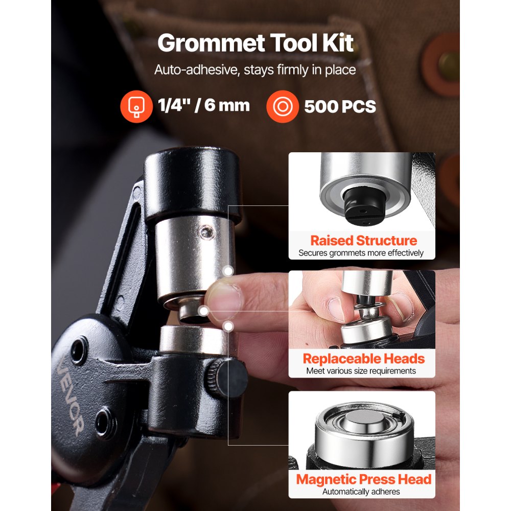 VEVOR Kit de Herramientas para Ojales 500 Piezas Ojales Metálicos de 6 mm con Alicates Manuales, Perforadora y Bloque para Cuero, Lonas, Zapatos, Manualidades y Cinturones, Dorado y Plateado