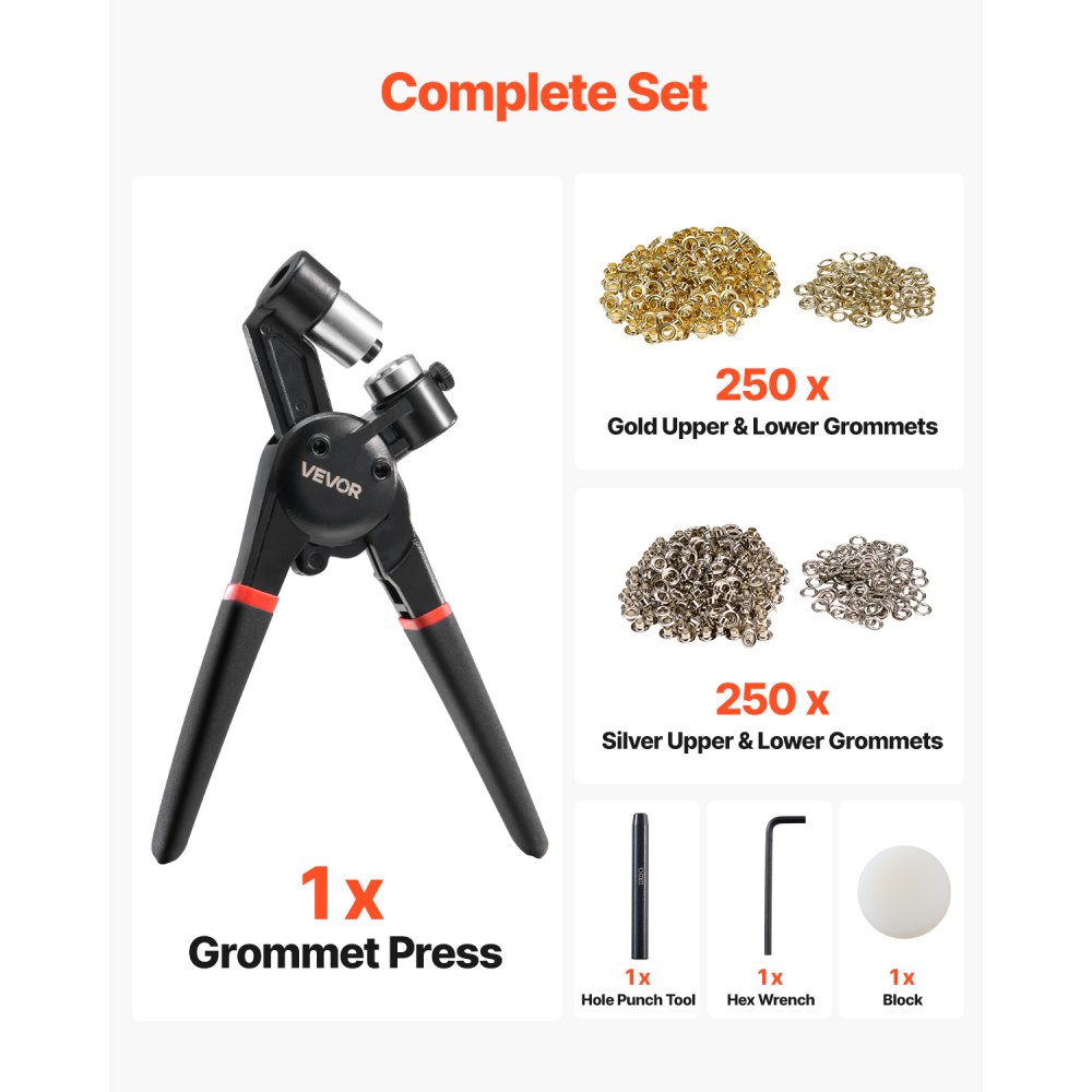 VEVOR Kit de Herramientas para Ojales 500 Piezas Ojales Metálicos de 6 mm con Alicates Manuales, Perforadora y Bloque para Cuero, Lonas, Zapatos, Manualidades y Cinturones, Dorado y Plateado