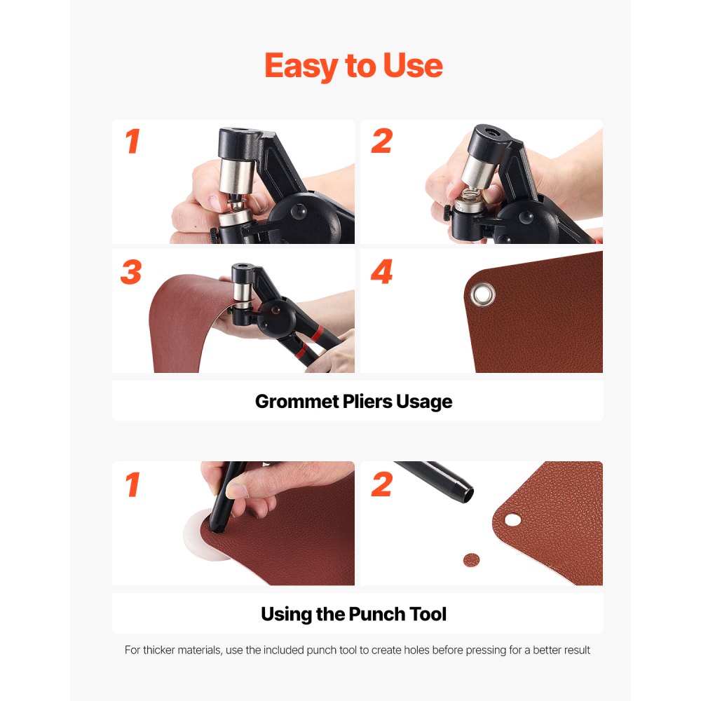 VEVOR Kit de Herramientas para Ojales 500 Piezas Ojales Metálicos de 6 mm con Alicates Manuales, Perforadora y Bloque para Cuero, Lonas, Zapatos, Manualidades y Cinturones, Dorado y Plateado