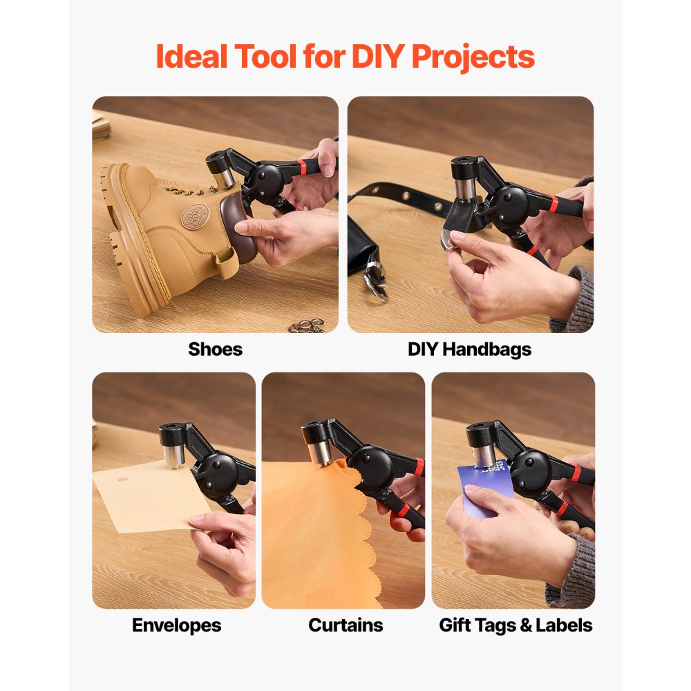 VEVOR Kit de Herramientas para Ojales 500 Piezas Ojales Metálicos de 6 mm con Alicates Manuales, Perforadora y Bloque para Cuero, Lonas, Zapatos, Manualidades y Cinturones, Dorado y Plateado