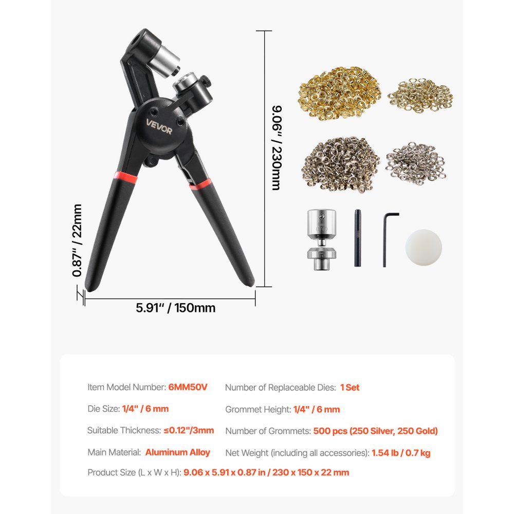 VEVOR Kit de Herramientas para Ojales 500 Piezas Ojales Metálicos de 6 mm con Alicates Manuales, Perforadora y Bloque para Cuero, Lonas, Zapatos, Manualidades y Cinturones, Dorado y Plateado