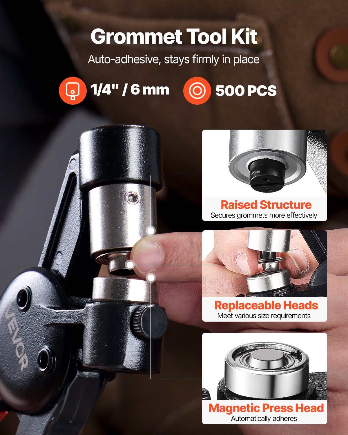 VEVOR Kit de Herramientas para Ojales 500 Piezas Ojales Metálicos de 6 mm con Alicates Manuales, Perforadora y Bloque para Cuero, Lonas, Zapatos, Manualidades y Cinturones, Dorado y Plateado