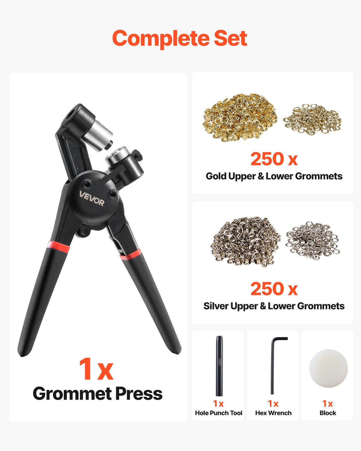 VEVOR Kit de Herramientas para Ojales 500 Piezas Ojales Metálicos de 6 mm con Alicates Manuales, Perforadora y Bloque para Cuero, Lonas, Zapatos, Manualidades y Cinturones, Dorado y Plateado