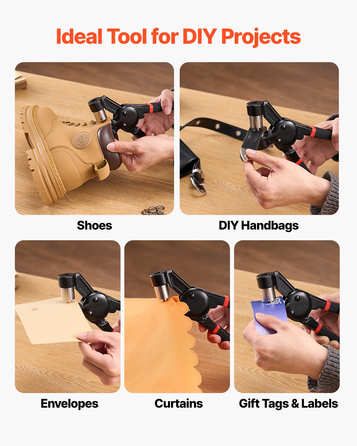VEVOR Kit de Herramientas para Ojales 500 Piezas Ojales Metálicos de 6 mm con Alicates Manuales, Perforadora y Bloque para Cuero, Lonas, Zapatos, Manualidades y Cinturones, Dorado y Plateado