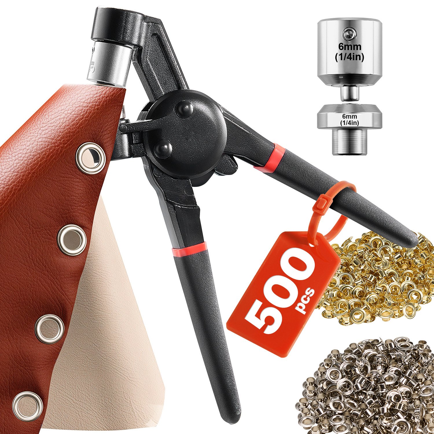 VEVOR Kit de Herramientas para Ojales 500 Piezas Ojales Metálicos de 6 mm con Alicates Manuales, Perforadora y Bloque para Cuero, Lonas, Zapatos, Manualidades y Cinturones, Dorado y Plateado
