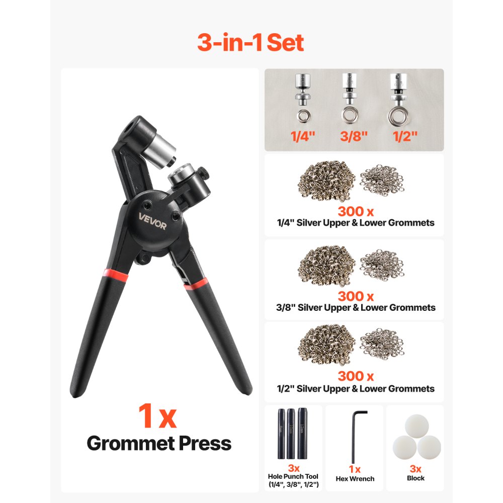 VEVOR Kit de Herramientas para Ojales 900 piezas de 6 mm/10 mm/12 mm de Metal de Varios Tamaños con Alicates Manuales, Perforadora y Bloque para Cuero, Lonas, Zapatos, Manualidades y Tela, Plata