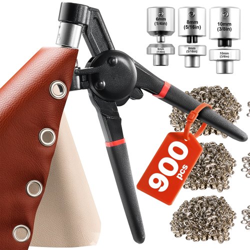 VEVOR Kit de Herramientas para Ojales 900 piezas de 6 mm/8 mm/10 mm de Metal de Varios Tamaños con Alicates Manuales, Perforadora y Bloque para Cuero, Lonas, Zapatos, Manualidades y Tela, Plata