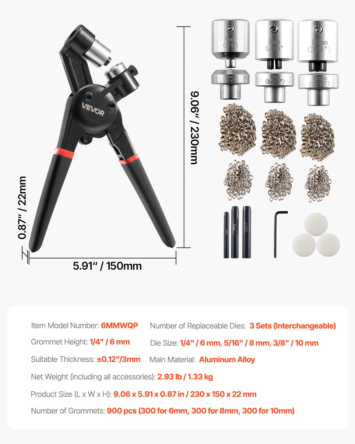 VEVOR Kit de Herramientas para Ojales 900 piezas de 6 mm/8 mm/10 mm de Metal de Varios Tamaños con Alicates Manuales, Perforadora y Bloque para Cuero, Lonas, Zapatos, Manualidades y Tela, Plata