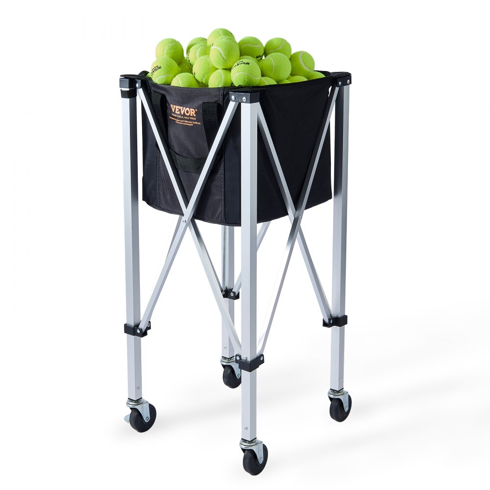 Tolva para pelotas de tenis VEVOR con estructura de acero, cesta de tela negra, llena de pelotas de tenis verdes, sobre ruedas.